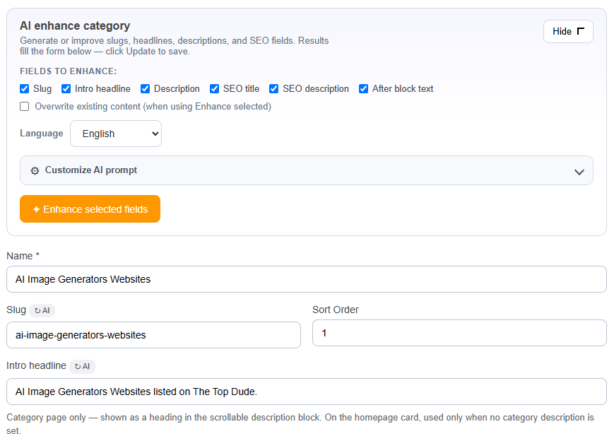Toplist AI content and review enrichment — auto-write descriptions and summaries