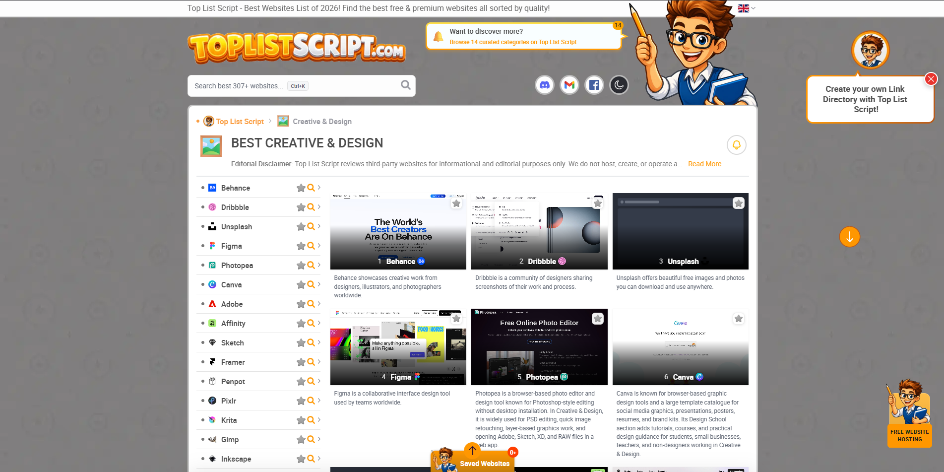 Toplist Script link directory category page example — Best Creative & Design curated link list with Behance, Dribbble, Unsplash, Figma, Photopea, and Canva