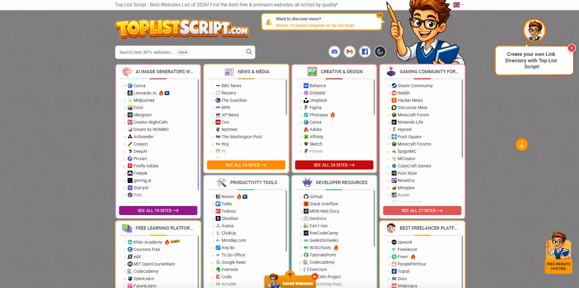 Toplist Script homepage grid with AI Image Generators, News & Media, Creative & Design, Gaming Community, and other ranked category blocks in light theme