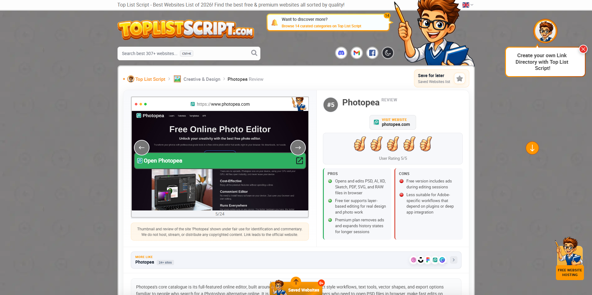 Toplist Script website review page — Photopea review with screenshot, pros and cons, rating, visit website CTA