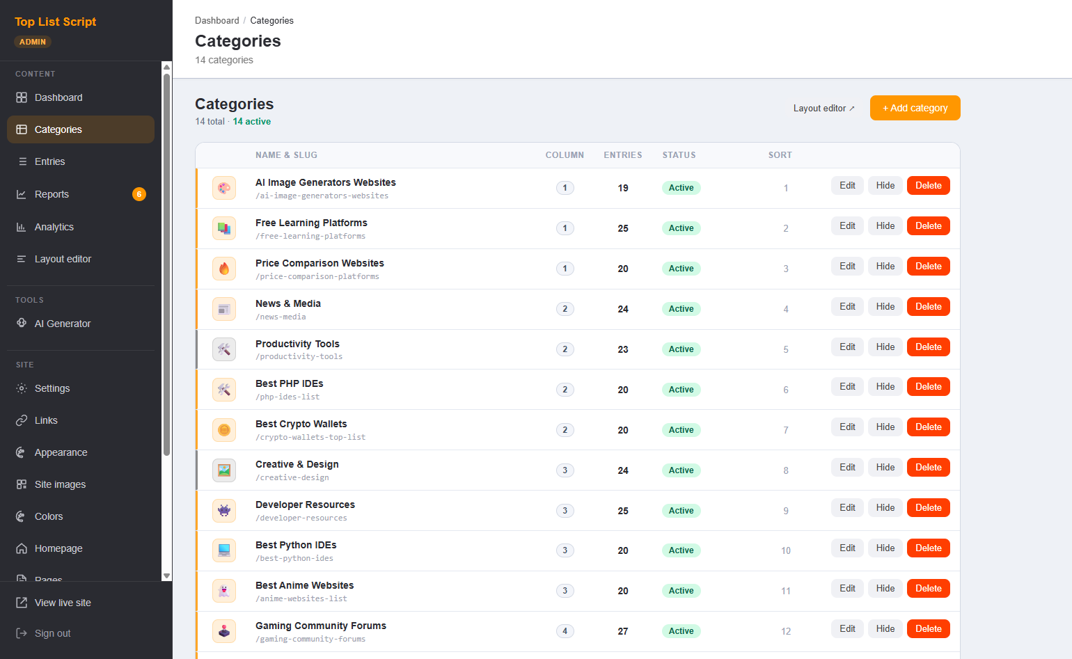 Toplist Script admin panel Categories screen listing 14 categories with column position, entry counts, and status