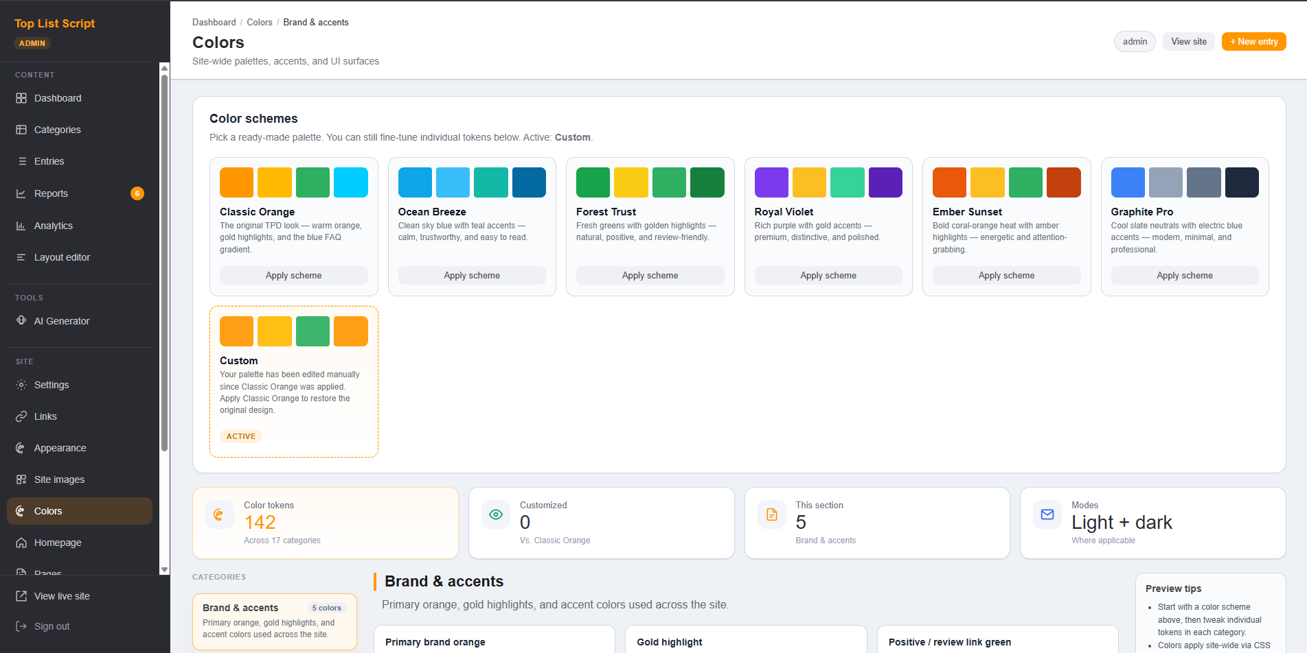Toplist Script admin Colors panel with Classic Orange, Ocean Breeze, Forest Trust, Royal Violet, Ember Sunset, and Graphite Pro color scheme presets