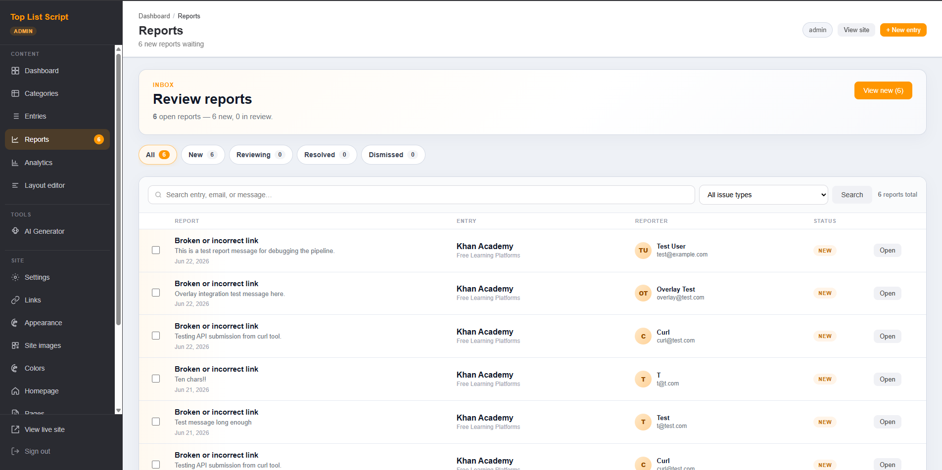 Toplist Script admin Reports inbox showing visitor-submitted broken link reports with status filters
