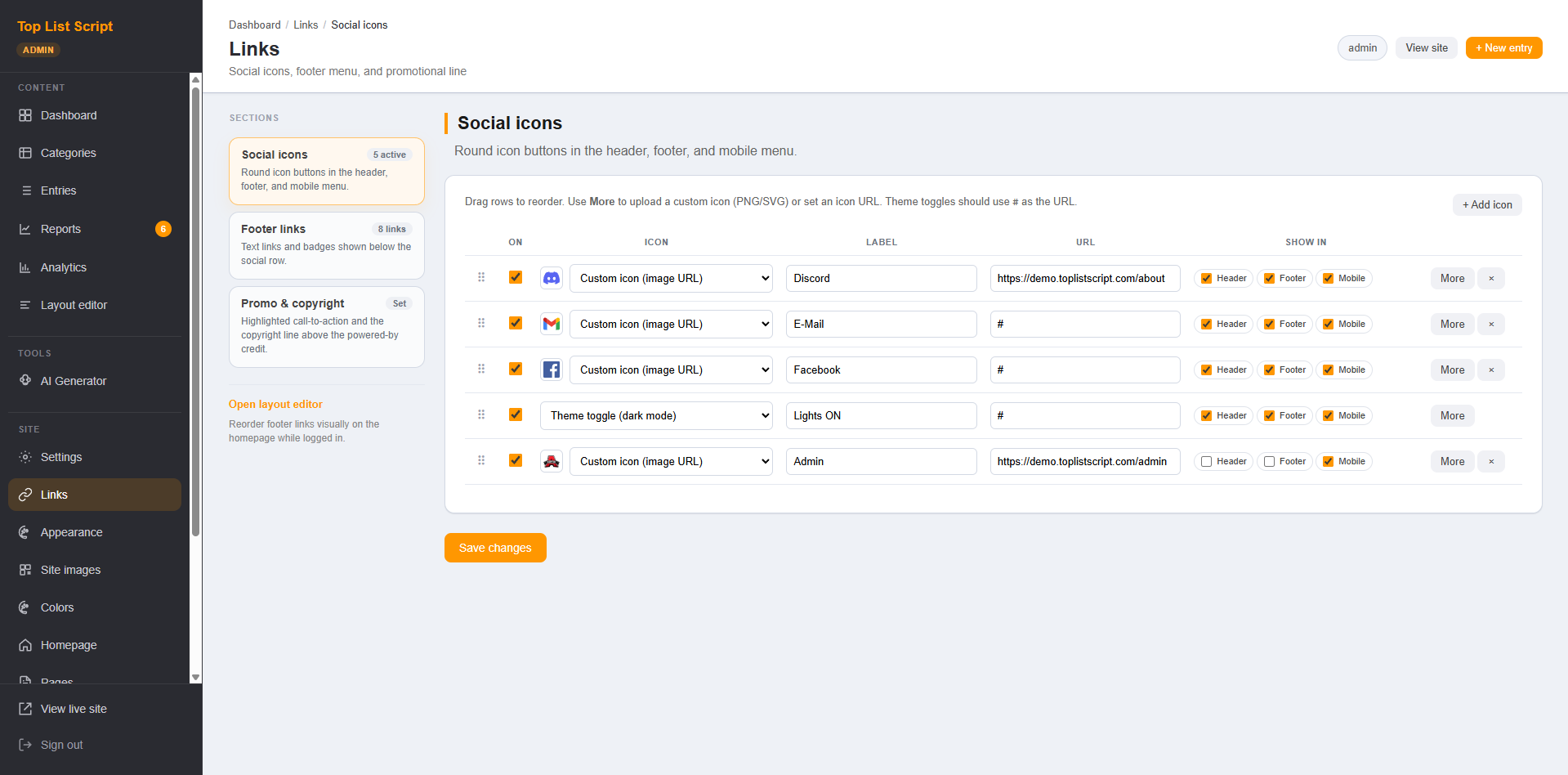 Toplist Script admin Links panel — social icons, footer links, and promo and copyright settings with drag-to-reorder rows
