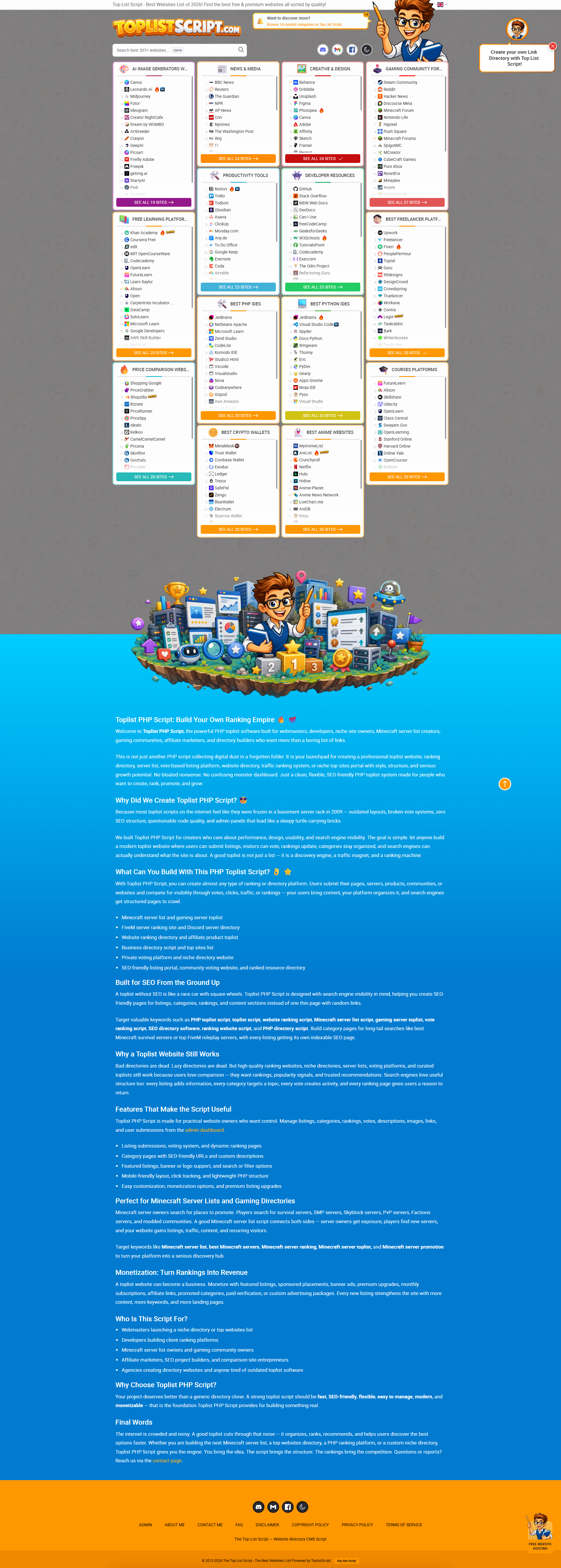 Full-page screenshot of a live Toplist Script homepage, from category grid to footer, in light theme