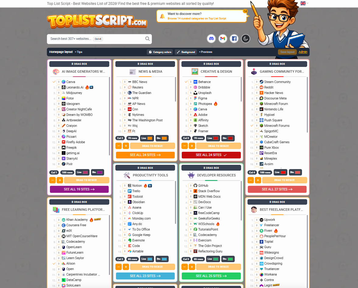 Toplist Script drag-and-drop layout editor — resizing and reordering homepage category blocks directly on the live site