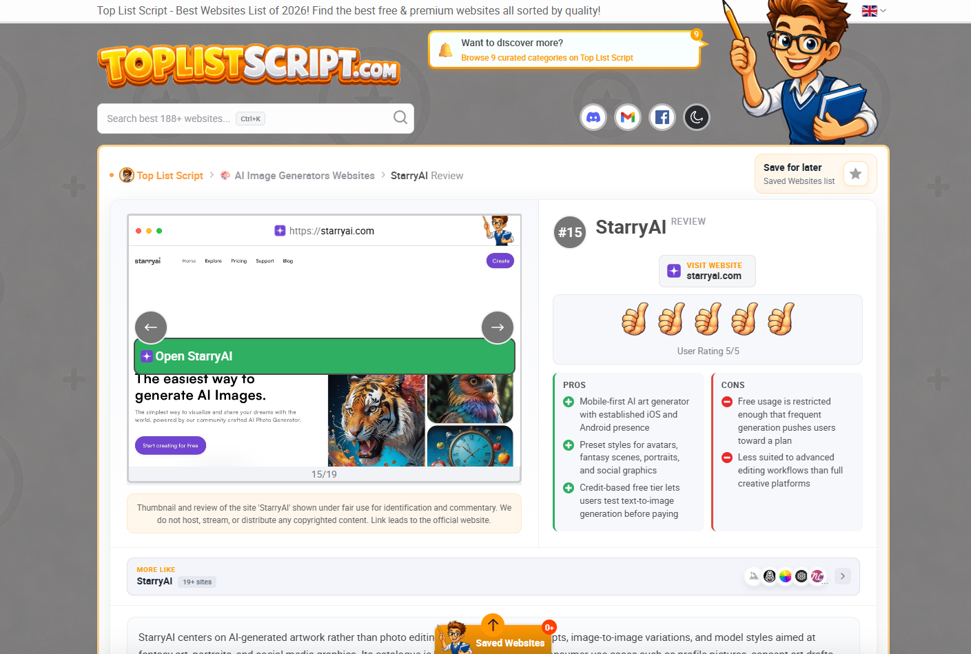 Toplist Script tool review page with product screenshot, star rating, pros and cons, and affiliate Visit button